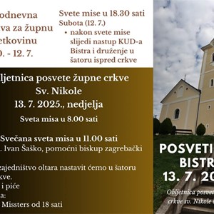 Biskup Šaško predvodi obljetnicu posvete župne crkve u Bistri